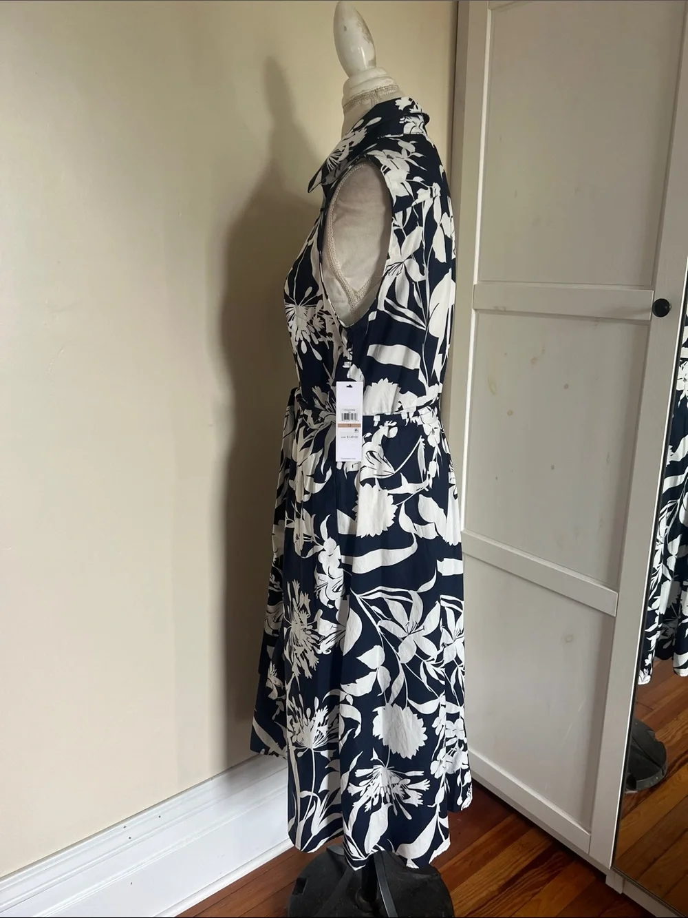 Calvin Klein Navy White Floral Cotton Shirt Dress NWT 12 Sleeveless Midi - Picture 5 of 10